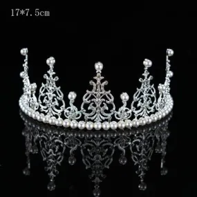 Premium Large Metal Tiara with Pearl and Diamond Cake Decoration - Silver