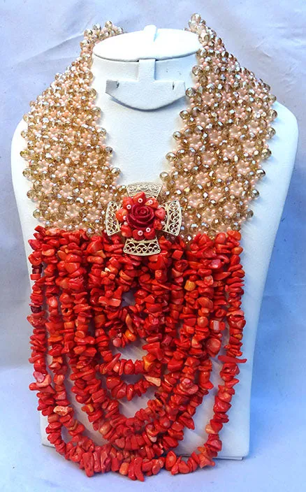 PrestigeApplause Exquisite Real Coral Chips and Crystal Beads Bridal Wedding Party Jewelry Set