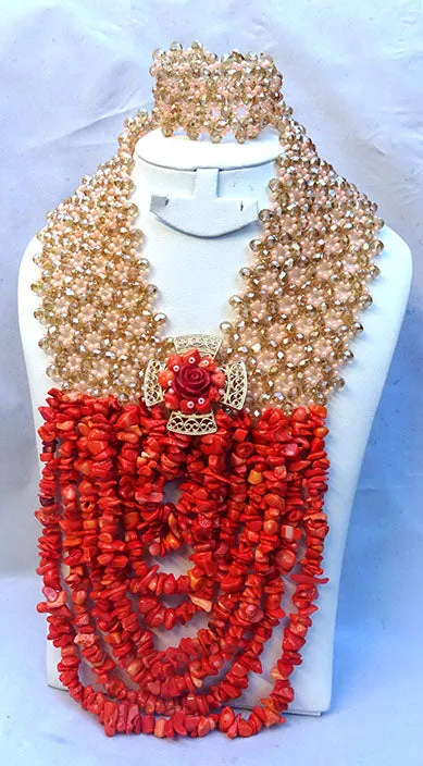 PrestigeApplause Exquisite Real Coral Chips and Crystal Beads Bridal Wedding Party Jewelry Set