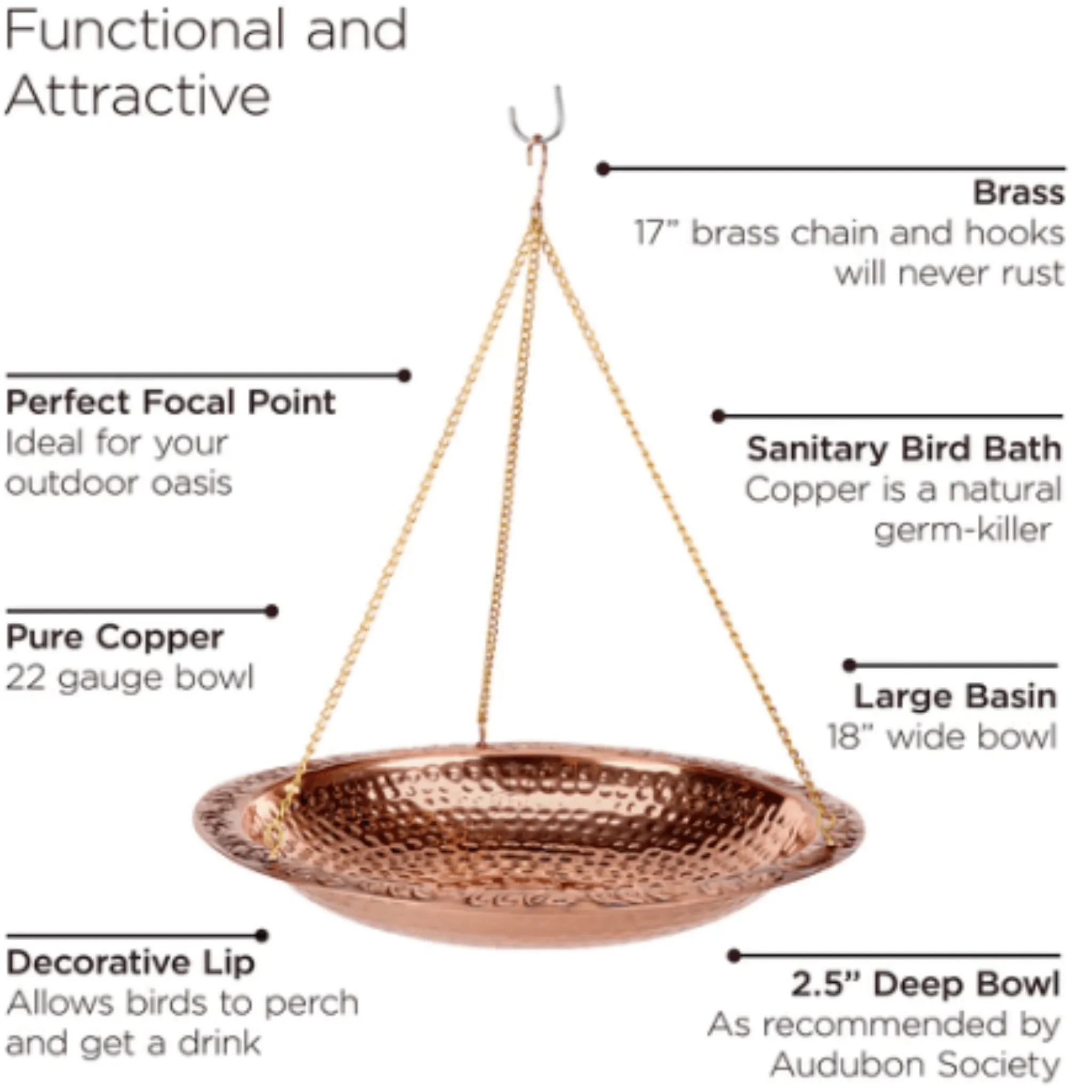 Pure Copper 18" Hanging Bird Bath