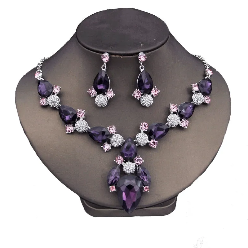 Purple Crystal Crown Bridal Jewelry Sets Fashion Tiaras Earrings Necklaces Accessories Set