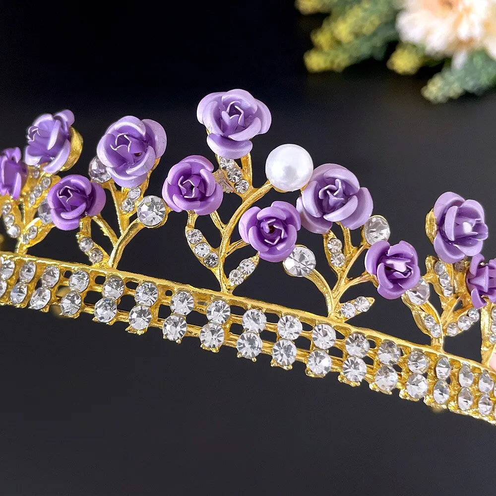 Purple Rose Flower Tiara Crown Pearl Crystal Party Hair Accessory