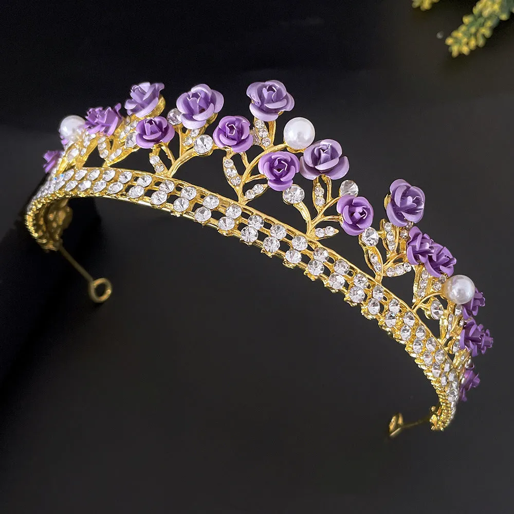 Purple Rose Flower Tiara Crown Pearl Crystal Party Hair Accessory