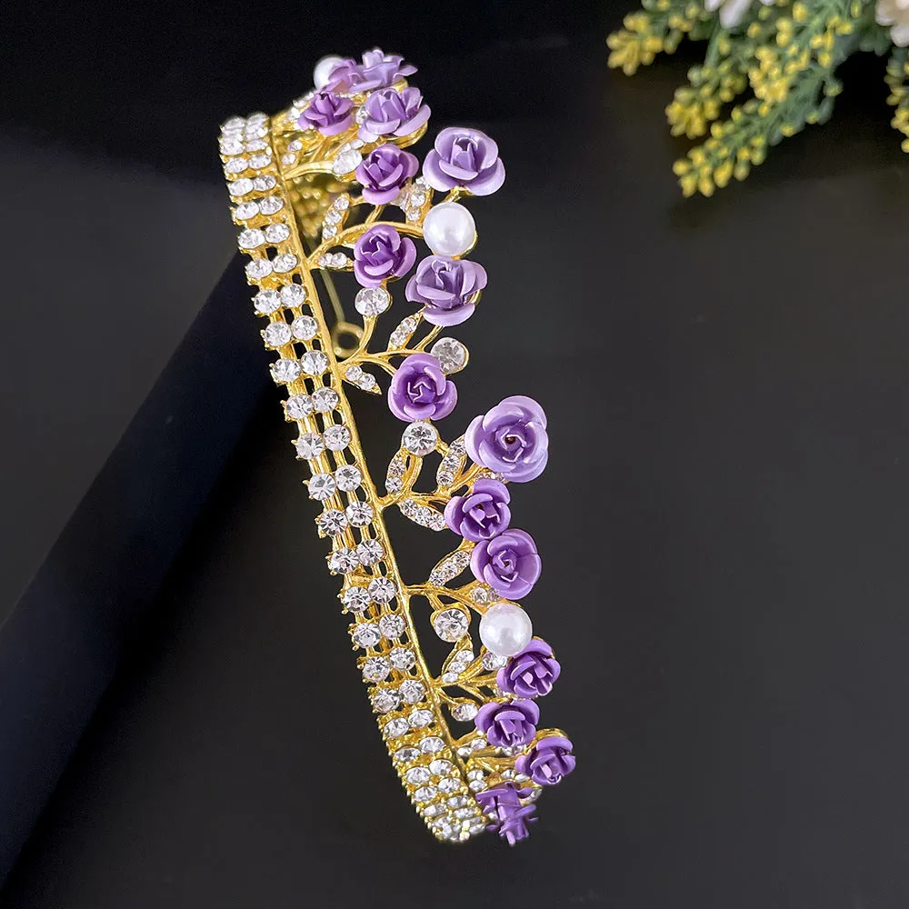 Purple Rose Flower Tiara Crown Pearl Crystal Party Hair Accessory