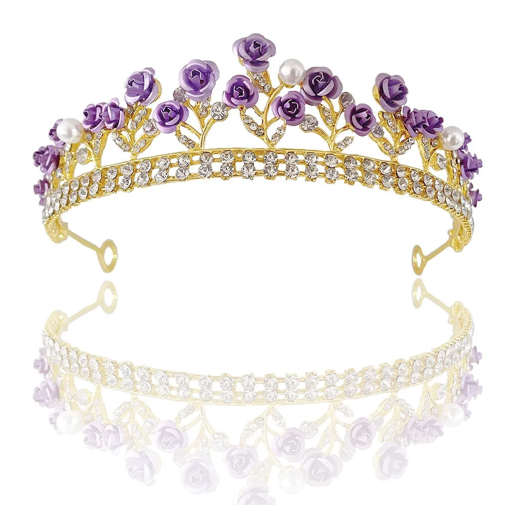 Purple Rose Flower Tiara Crown Pearl Crystal Party Hair Accessory