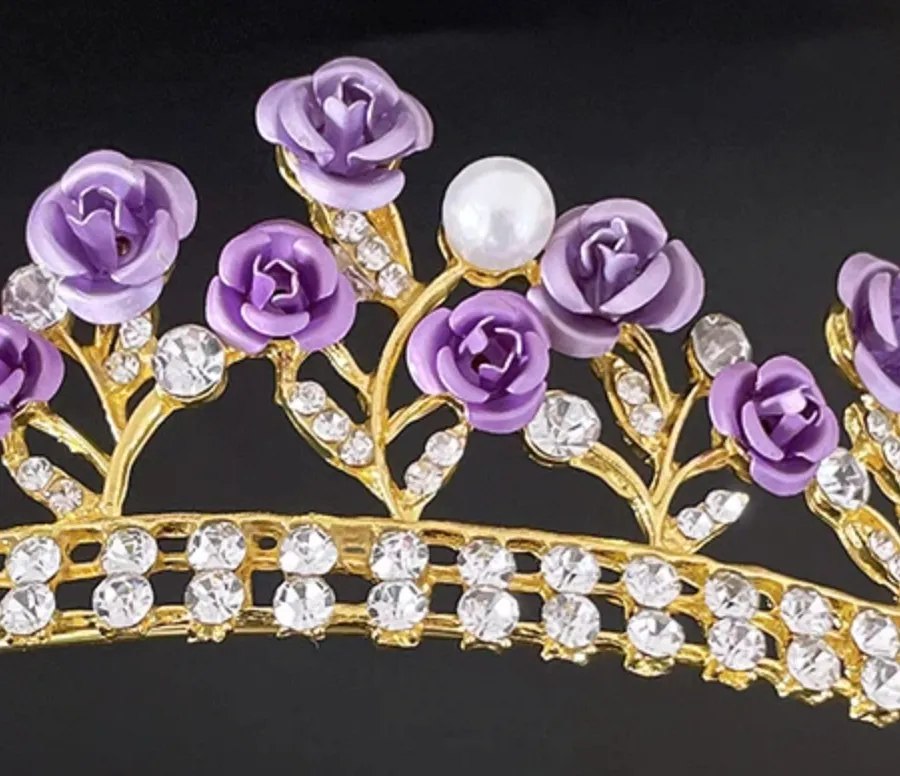 Purple Rose Flower Tiara Crown Pearl Crystal Party Hair Accessory