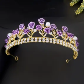 Purple Rose Flower Tiara Crown Pearl Crystal Party Hair Accessory