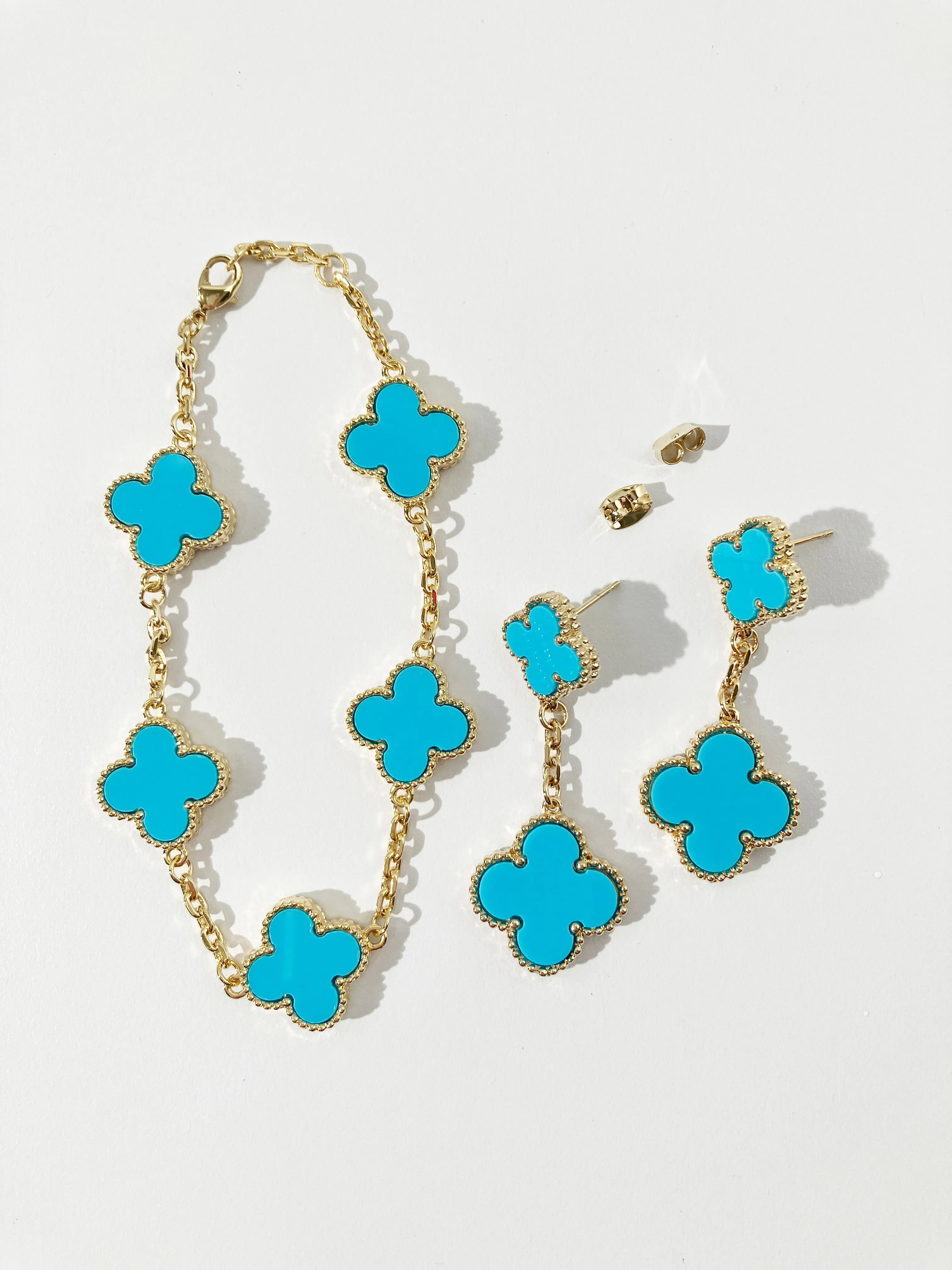 Quatrefoil Motif Gold and Turquoise Demi Parure