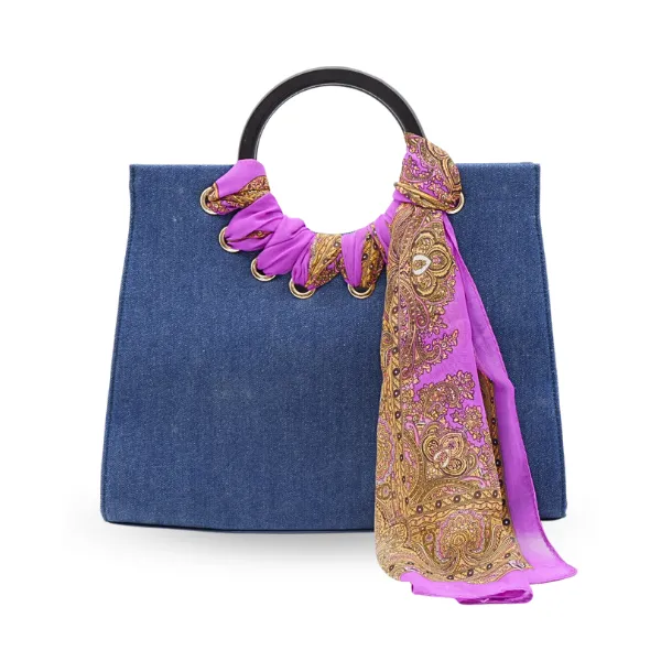 QUEENSCLIFF - Navy Denim Ring Handle Bag with Scarf - CLEARANCE