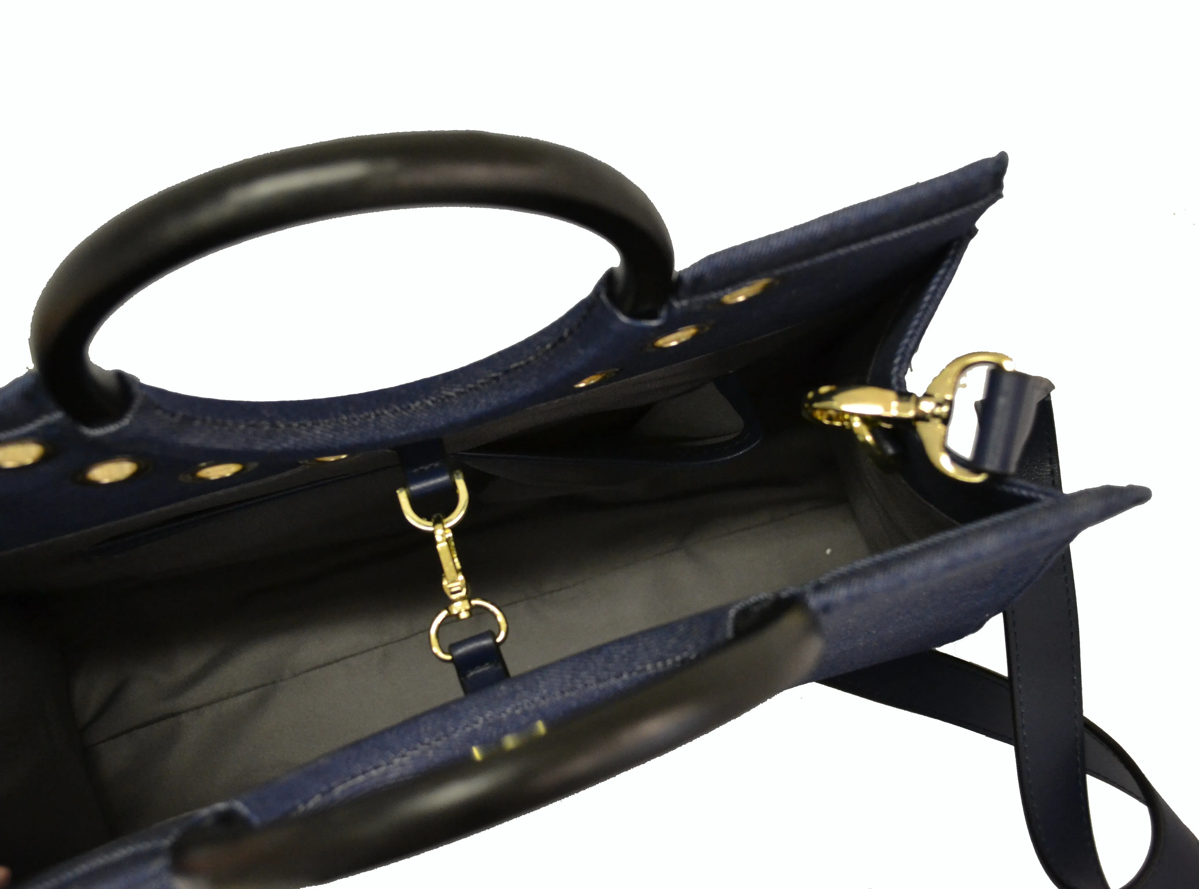 QUEENSCLIFF - Navy Denim Ring Handle Bag with Scarf - CLEARANCE