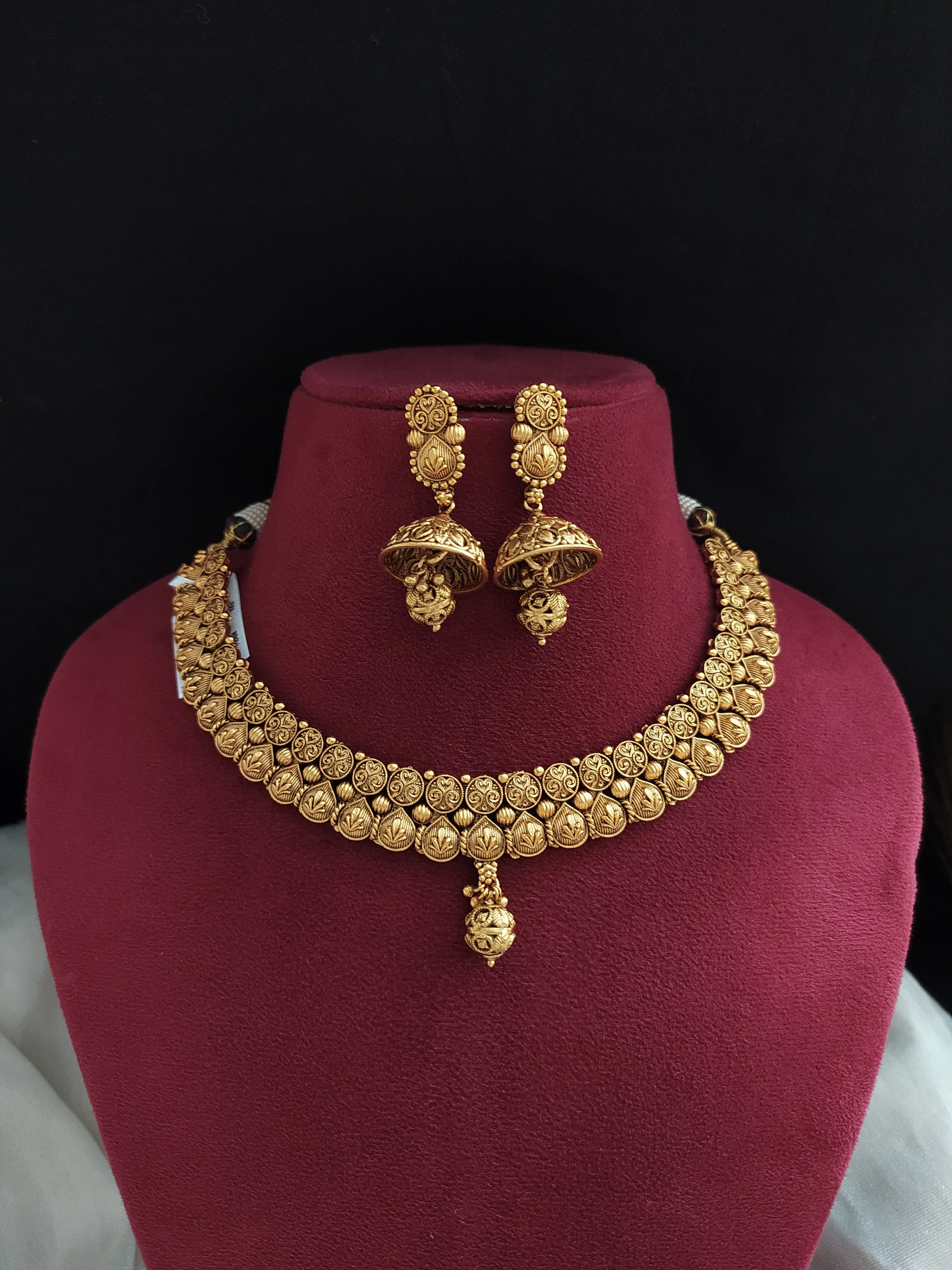 "Antique Plain Gold Finish Floral Design Choker/Necklace with Matching Jhumki"