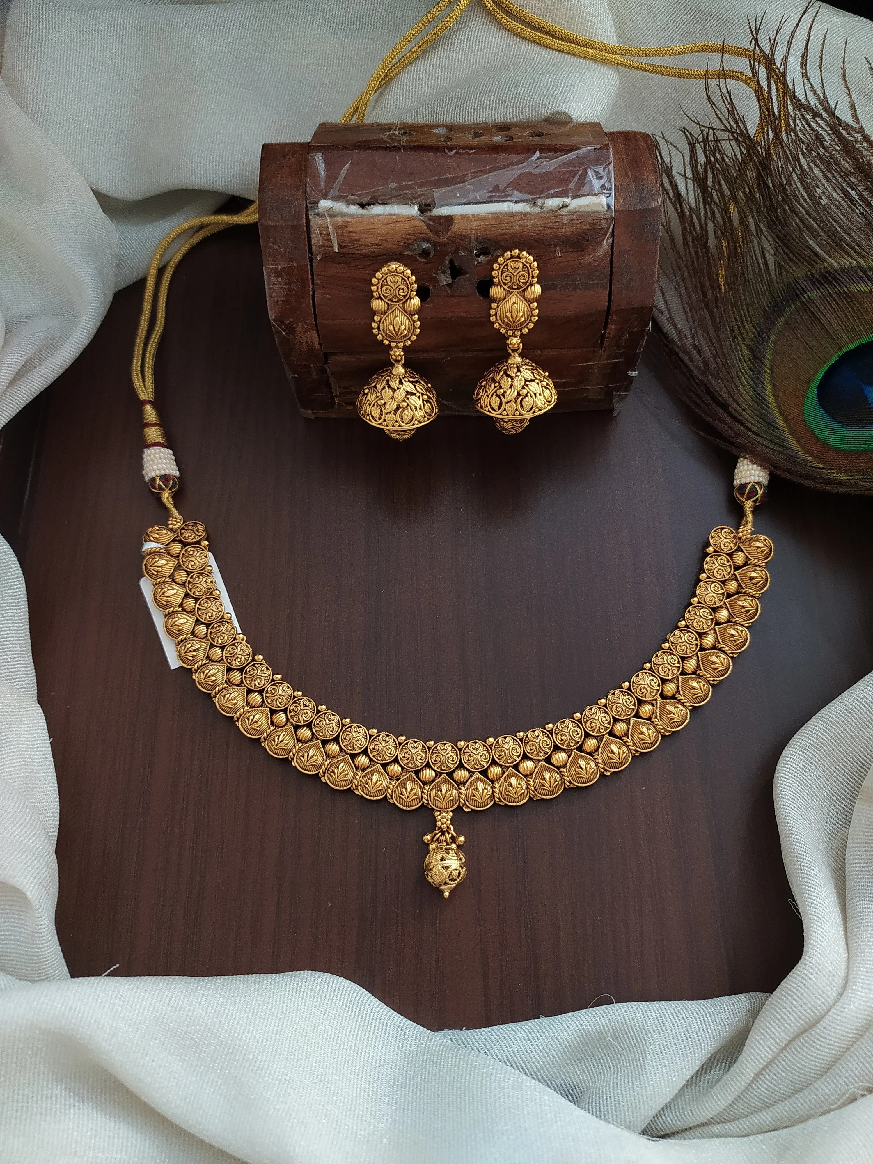 "Antique Plain Gold Finish Floral Design Choker/Necklace with Matching Jhumki"