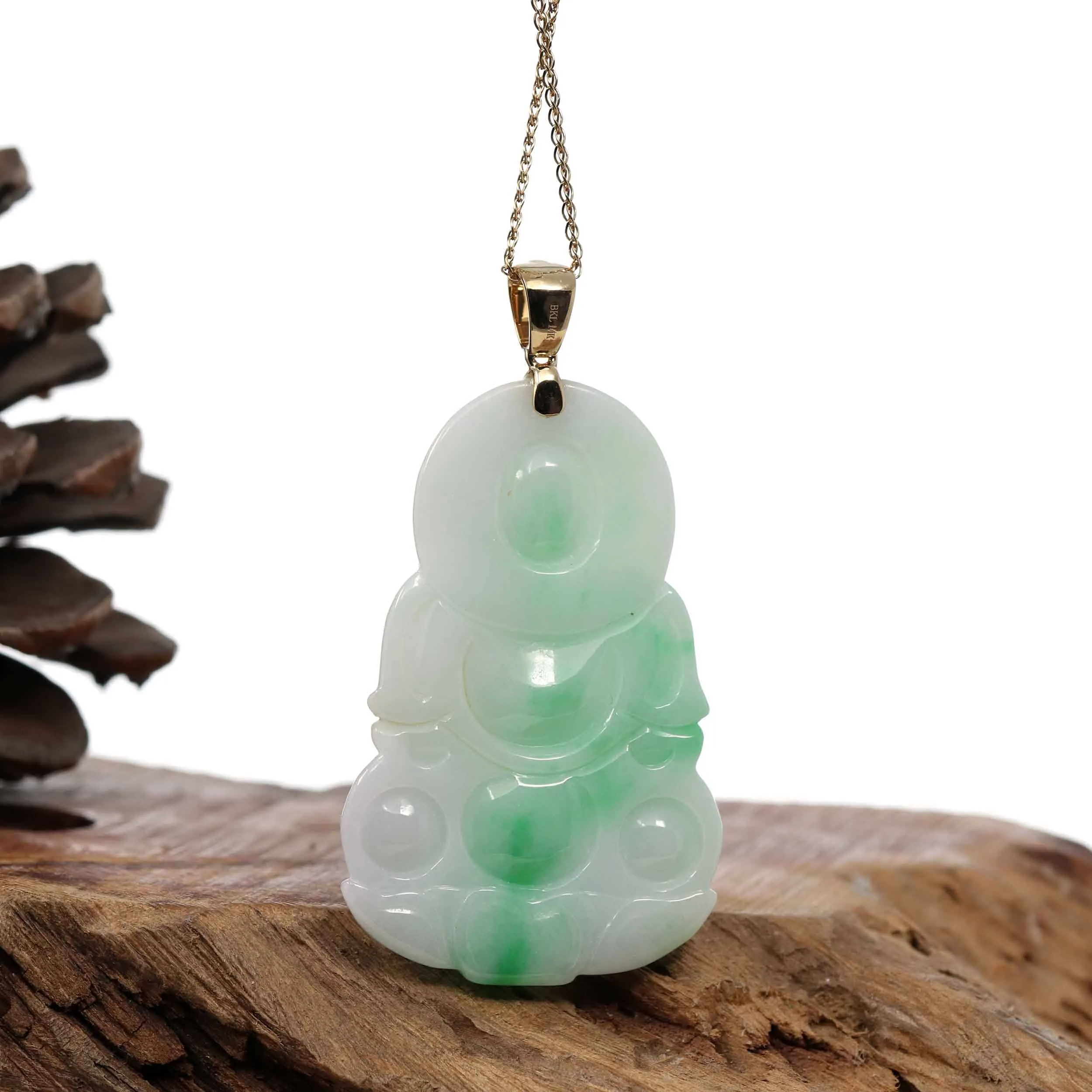 "Goddess of Compassion" 14k Yellow Gold Genuine Burmese Jadeite Jade Guanyin Necklace With Good Luck Design