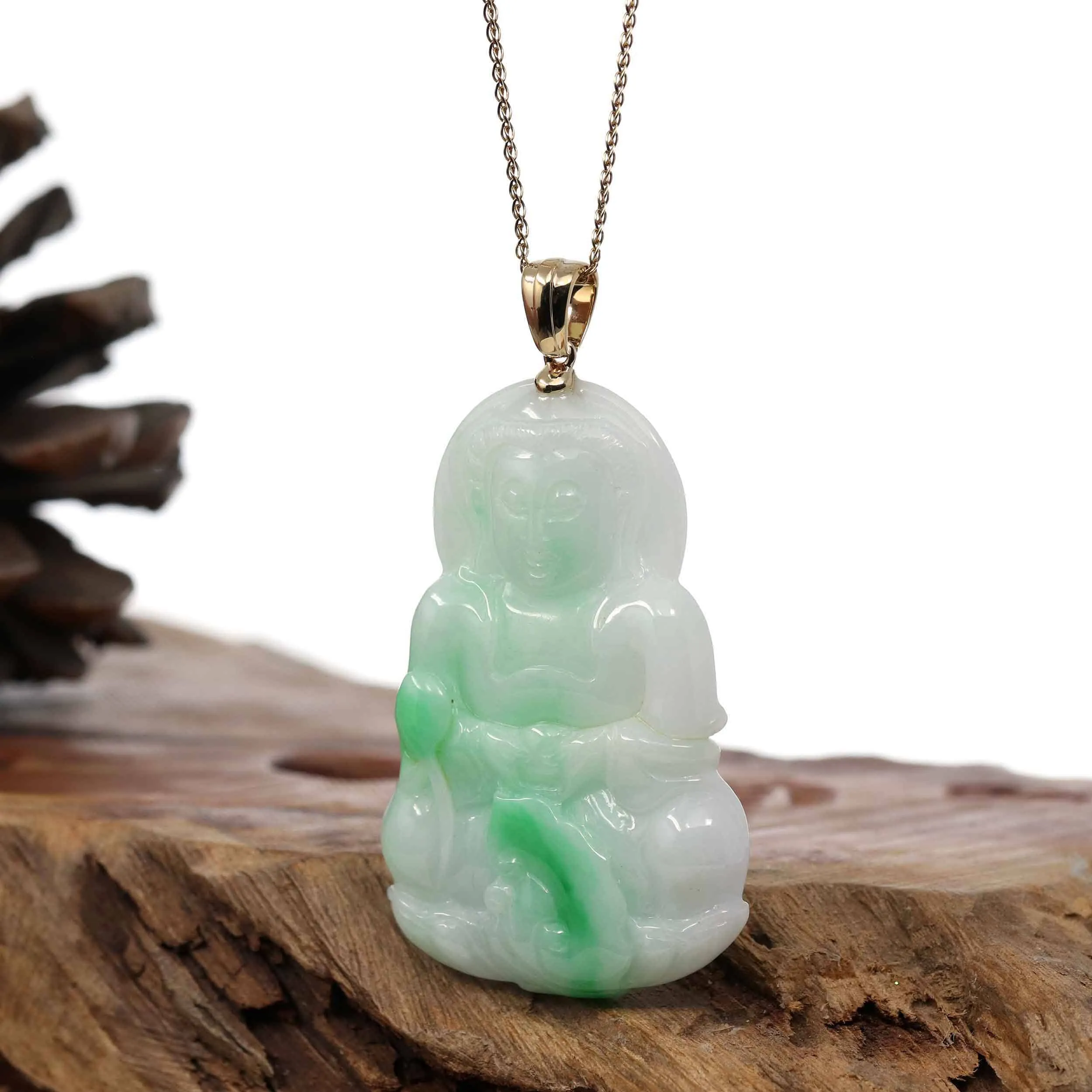 "Goddess of Compassion" 14k Yellow Gold Genuine Burmese Jadeite Jade Guanyin Necklace With Good Luck Design