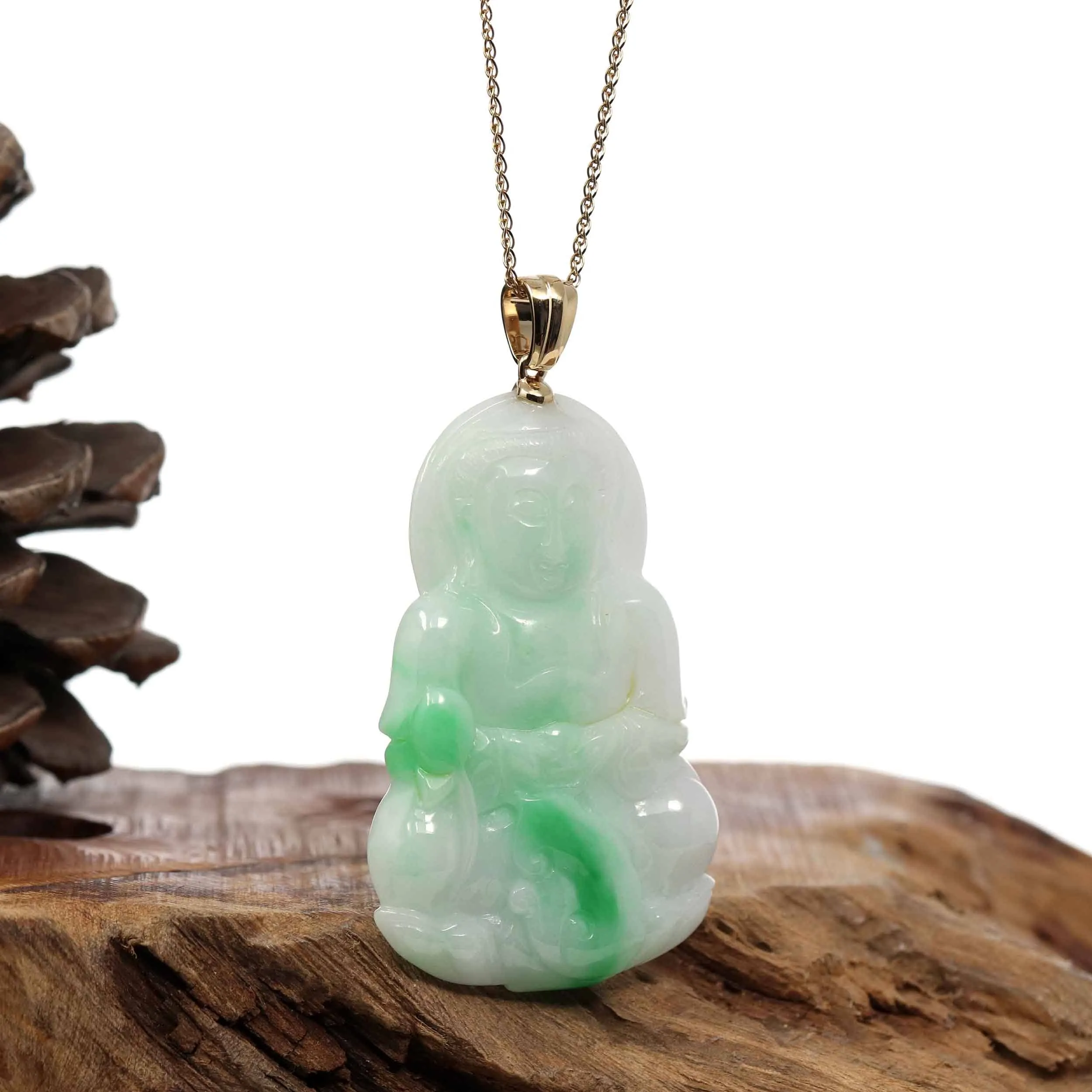 "Goddess of Compassion" 14k Yellow Gold Genuine Burmese Jadeite Jade Guanyin Necklace With Good Luck Design