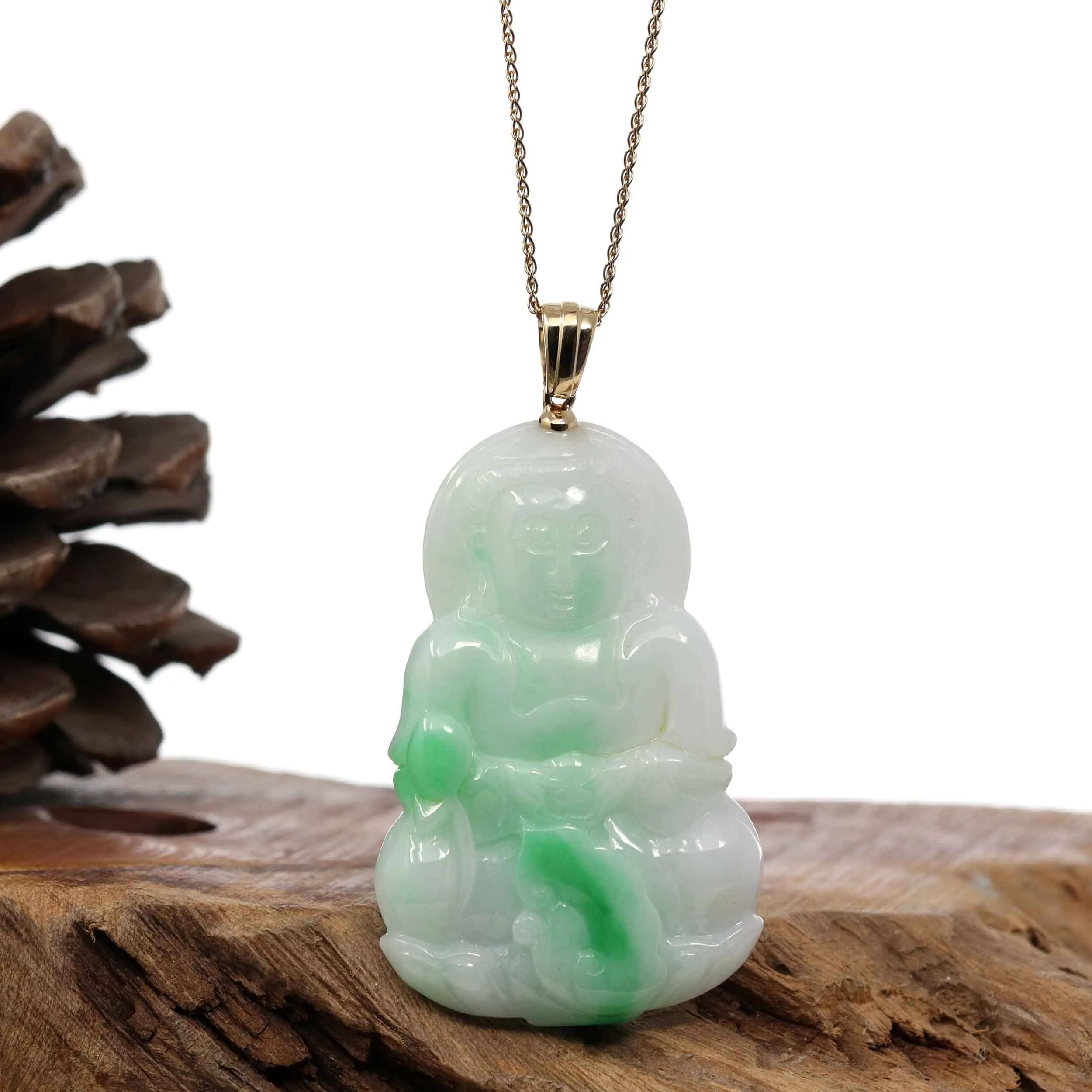 "Goddess of Compassion" 14k Yellow Gold Genuine Burmese Jadeite Jade Guanyin Necklace With Good Luck Design