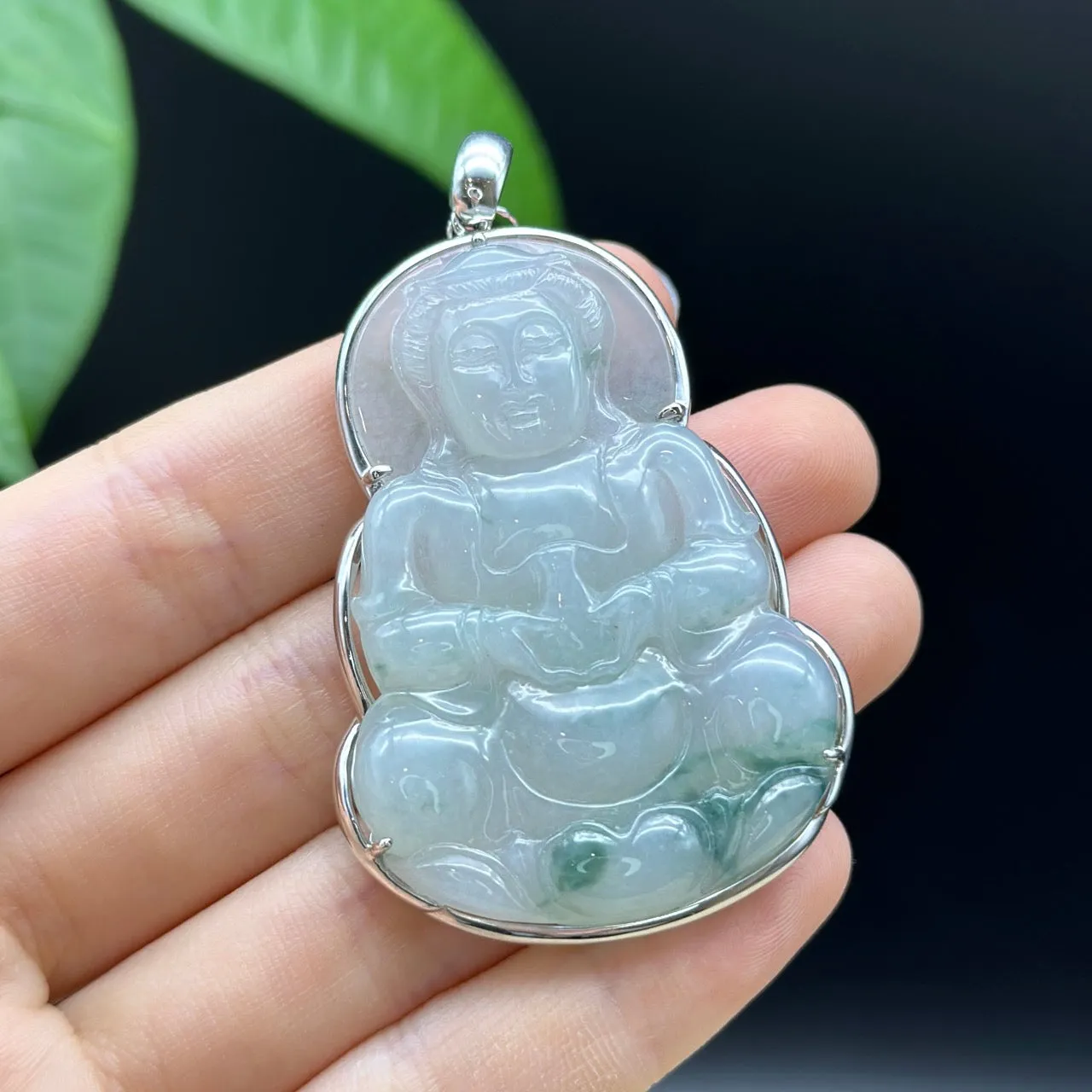 "Goddess of Compassion" 18k White Gold Genuine Burmese Jadeite Jade Guanyin Necklace With Good Luck Design