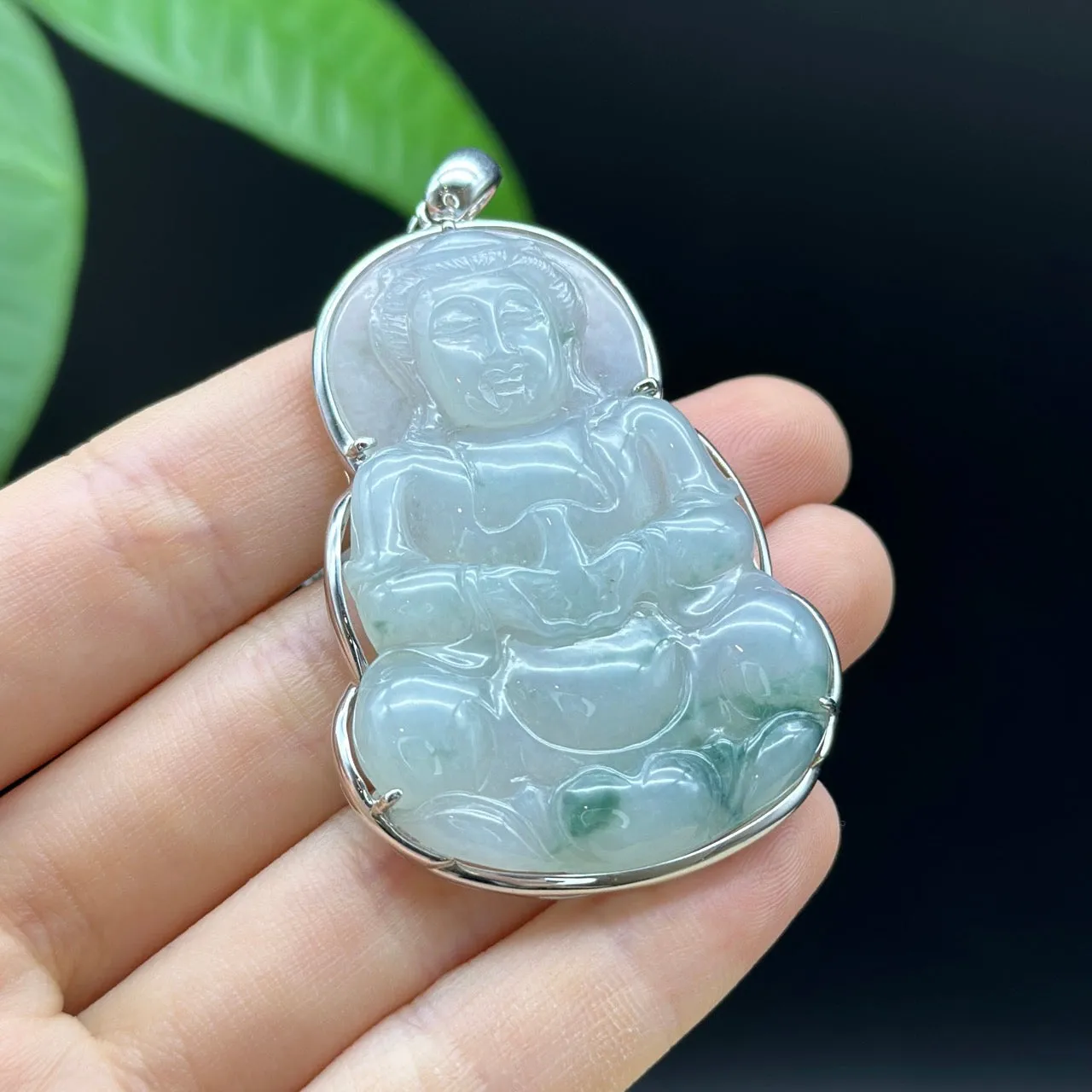 "Goddess of Compassion" 18k White Gold Genuine Burmese Jadeite Jade Guanyin Necklace With Good Luck Design