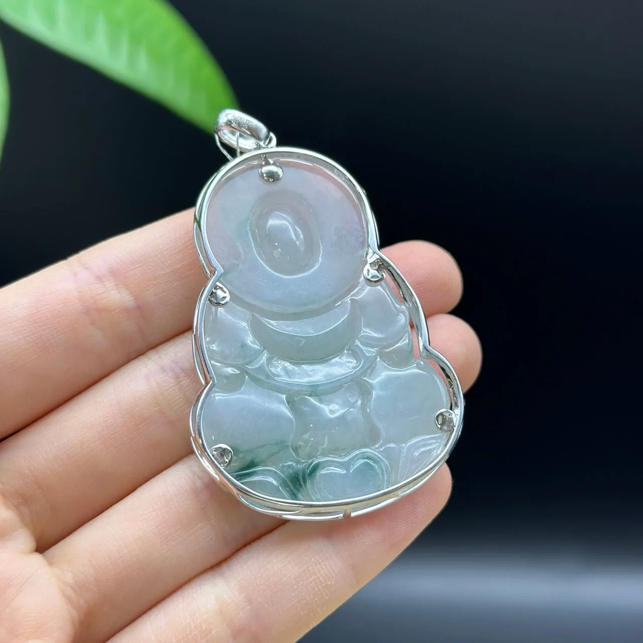 "Goddess of Compassion" 18k White Gold Genuine Burmese Jadeite Jade Guanyin Necklace With Good Luck Design