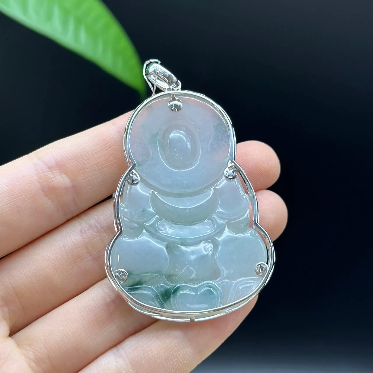 "Goddess of Compassion" 18k White Gold Genuine Burmese Jadeite Jade Guanyin Necklace With Good Luck Design