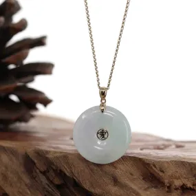 "Good Luck Button" White Lavender Jadeite Jade Lucky KouKou Pendant Necklace With 14K Yellow Gold Bail