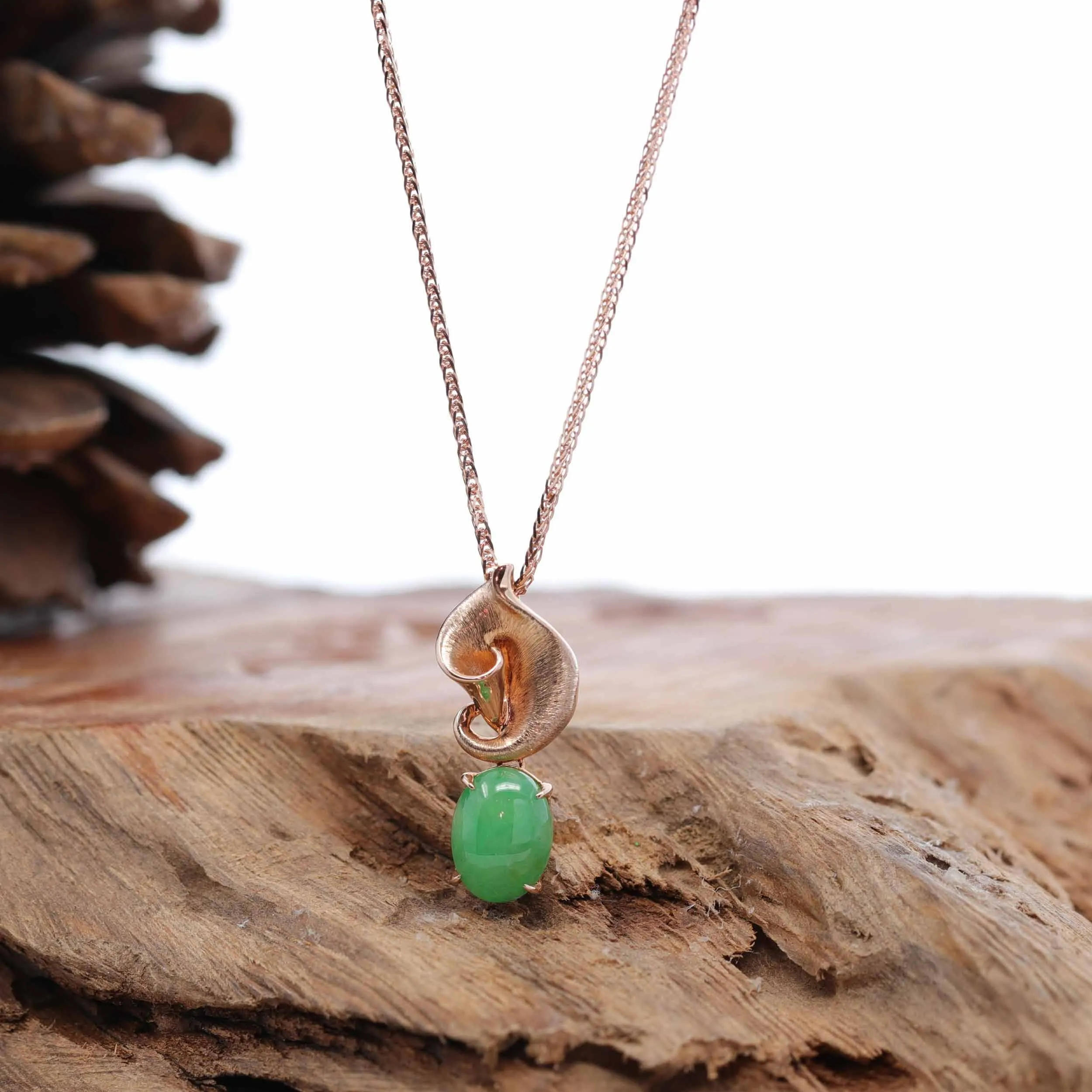 "Morning Glory" 18K Rose Gold Imperial Jadeite Jade Cabochon Necklace