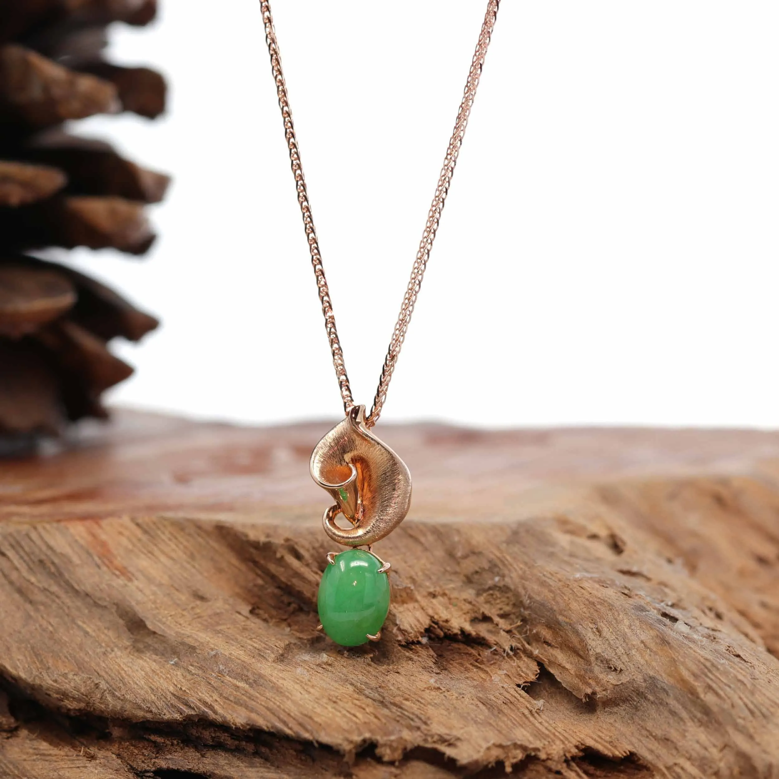 "Morning Glory" 18K Rose Gold Imperial Jadeite Jade Cabochon Necklace