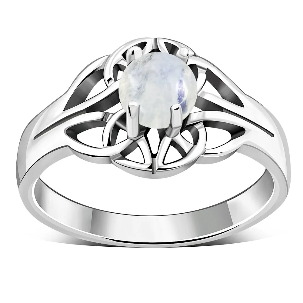 Rainbow Moonstone Celtic Knot Silver Ring