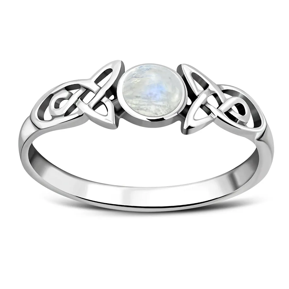 Rainbow Moonstone Celtic Trinity Silver Ring