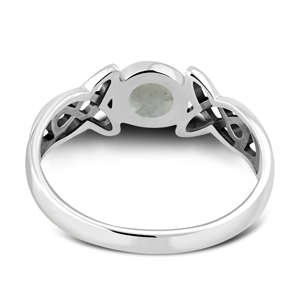 Rainbow Moonstone Celtic Trinity Silver Ring