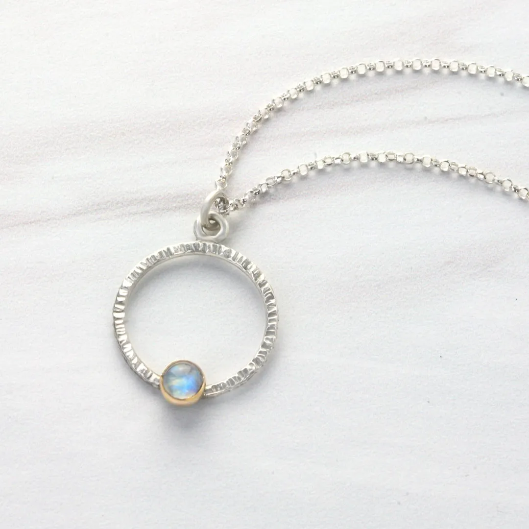 Rainbow Moonstone Circle Pendant Necklace in 14k Gold and Silver - LUNA Necklace