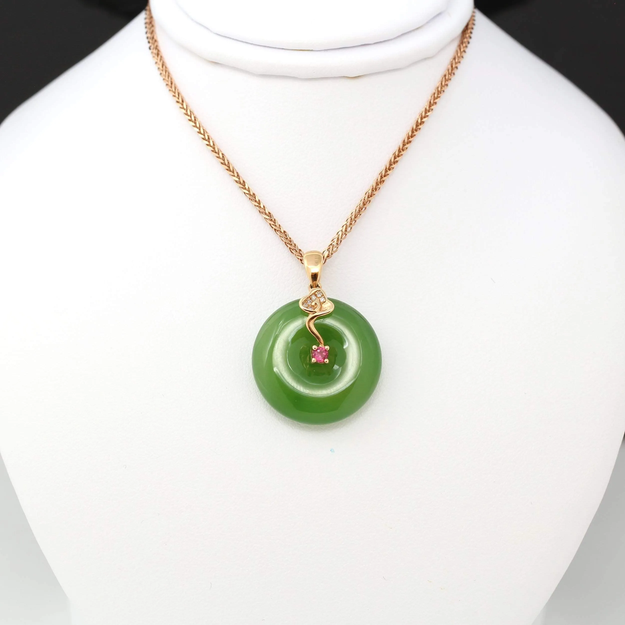 RealJade® "Good Luck Circle" 18k Rose Gold Genuine Nephrite Green Jade Pendant Necklace With AA Tourmaline and SI Diamonds