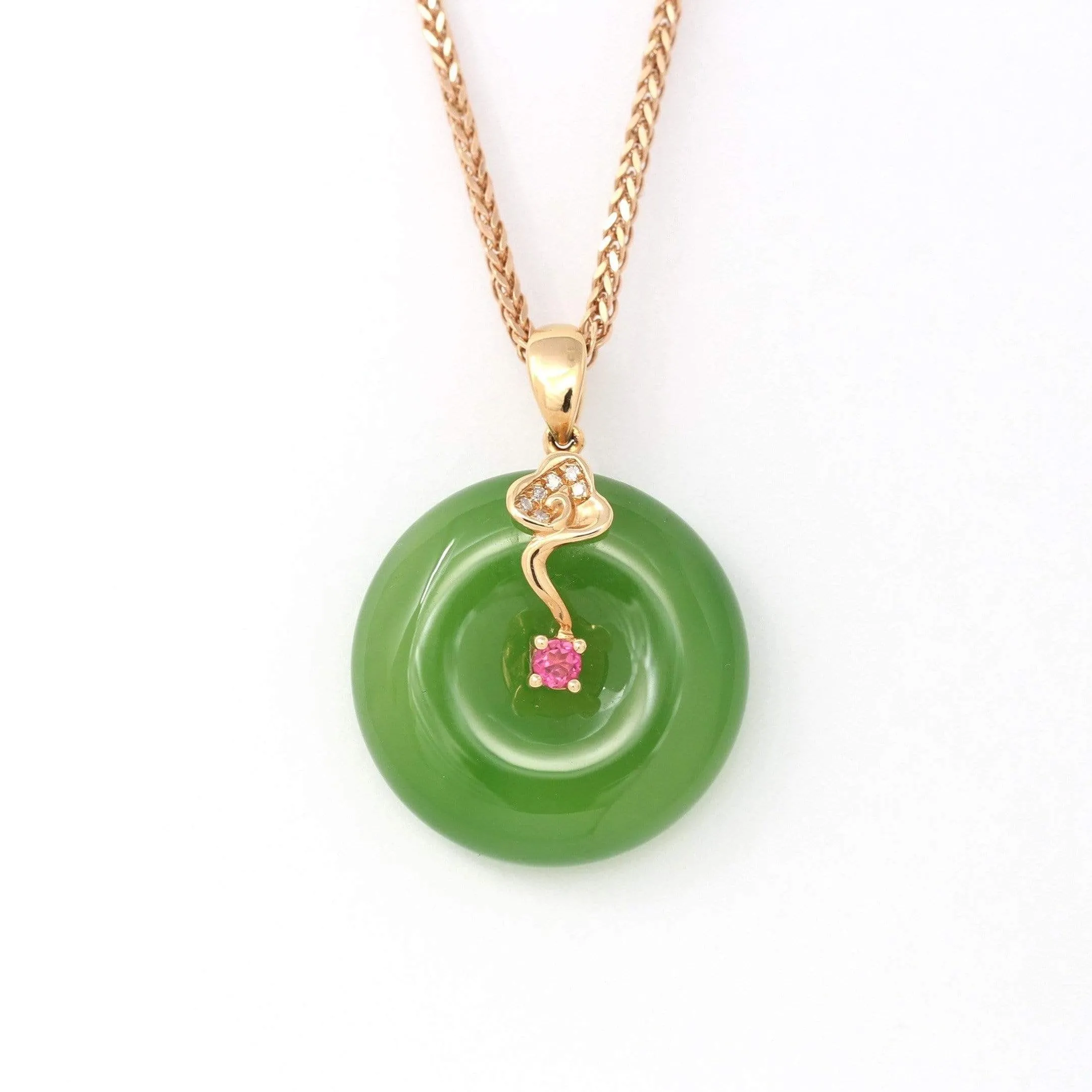 RealJade® "Good Luck Circle" 18k Rose Gold Genuine Nephrite Green Jade Pendant Necklace With AA Tourmaline and SI Diamonds