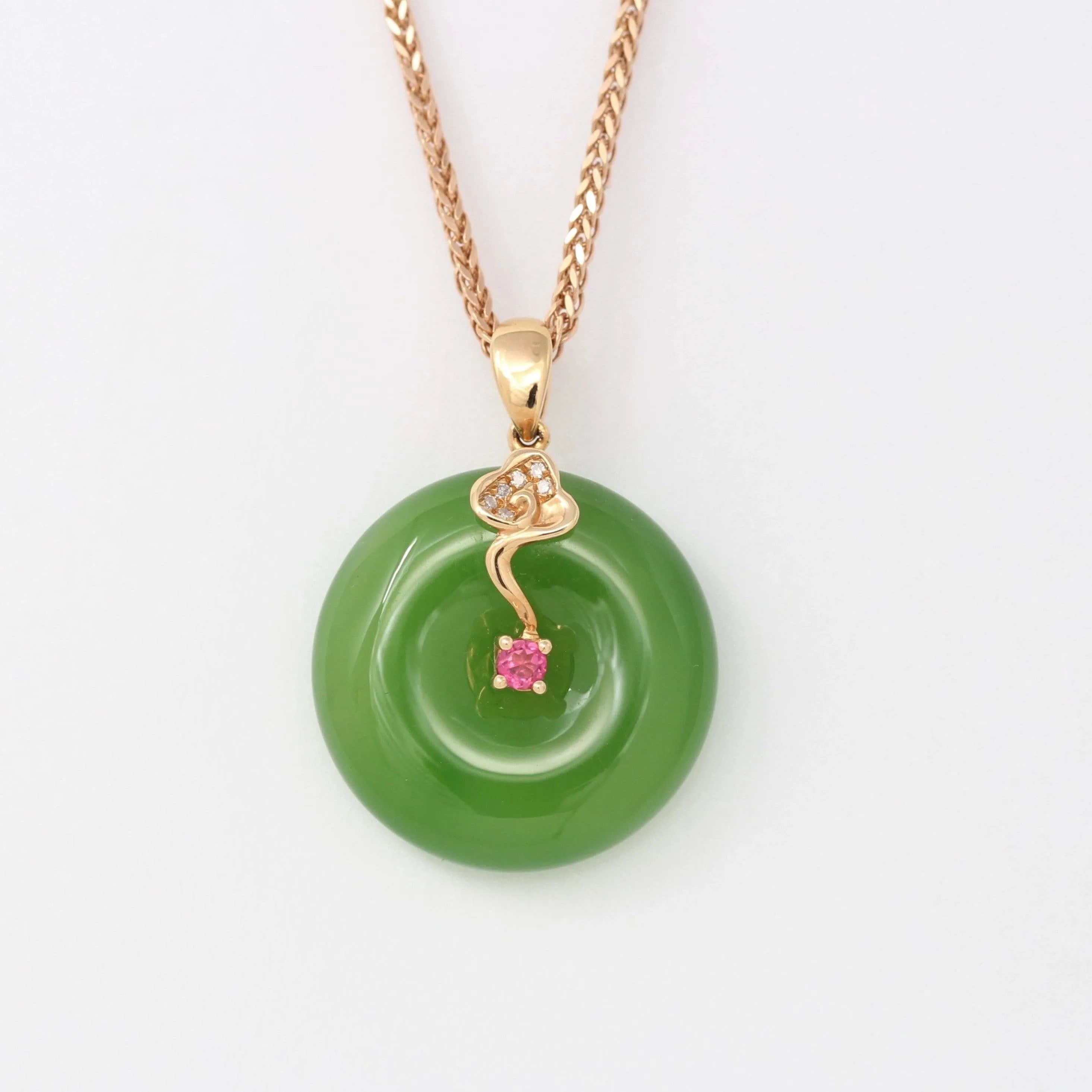 RealJade® "Good Luck Circle" 18k Rose Gold Genuine Nephrite Green Jade Pendant Necklace With AA Tourmaline and SI Diamonds