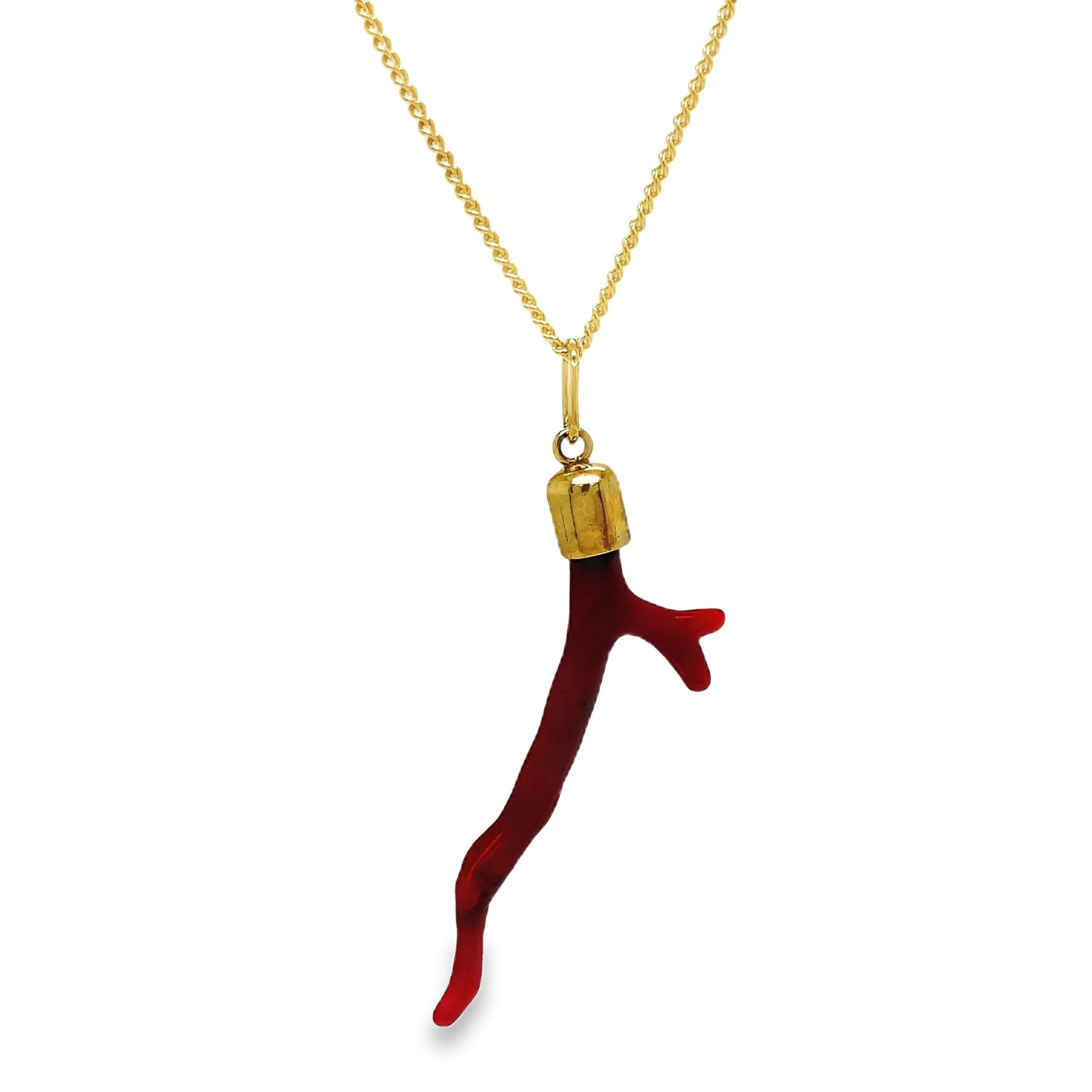 Red Coral Branch Solid Gold Cap Pendant Necklace