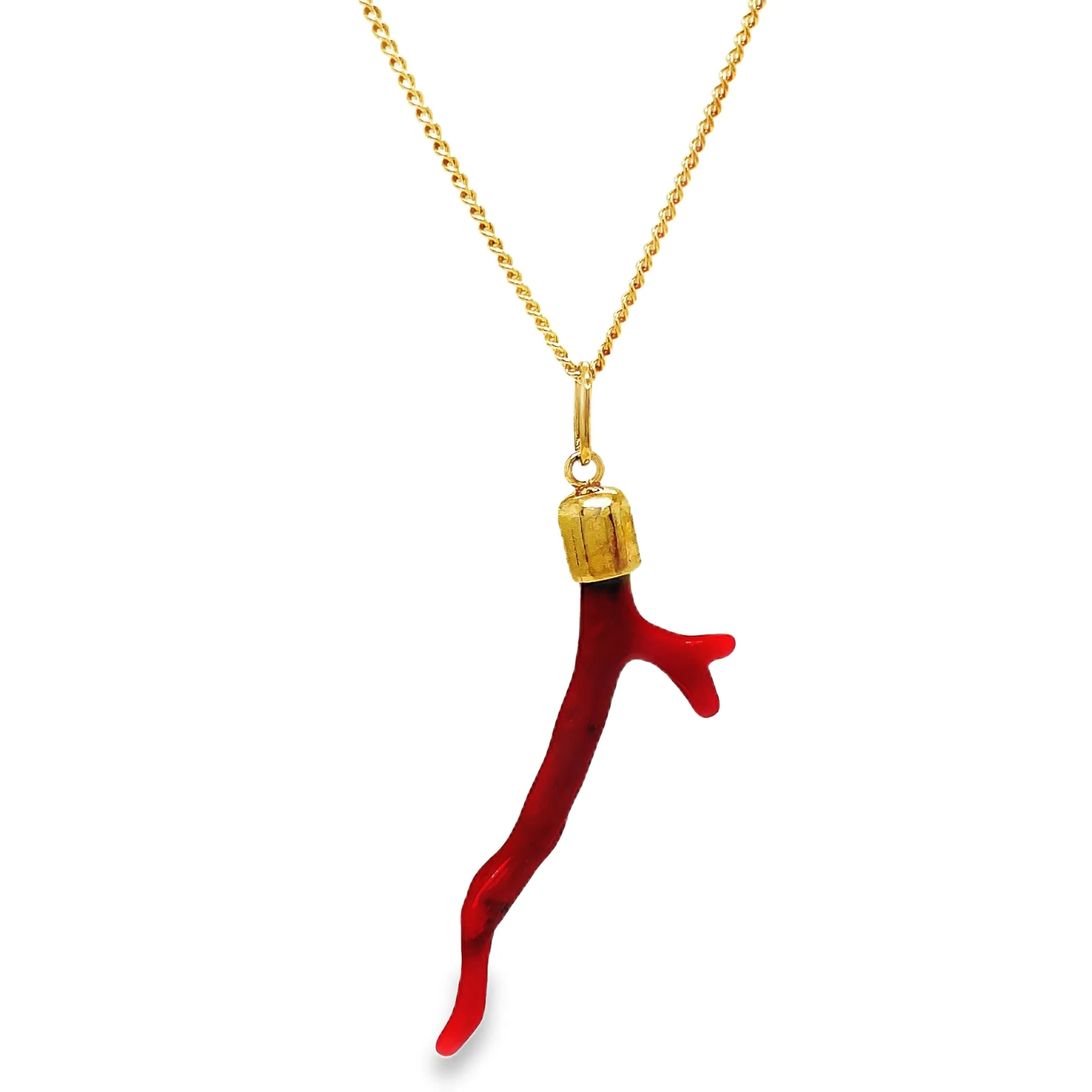 Red Coral Branch Solid Gold Cap Pendant Necklace