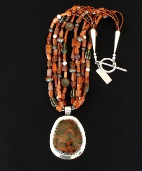 Red Creek Jasper and Sterling Silver Pendant with 4 Strands of Peach Glass Rectangles, Czech Glass and Sterling Silver