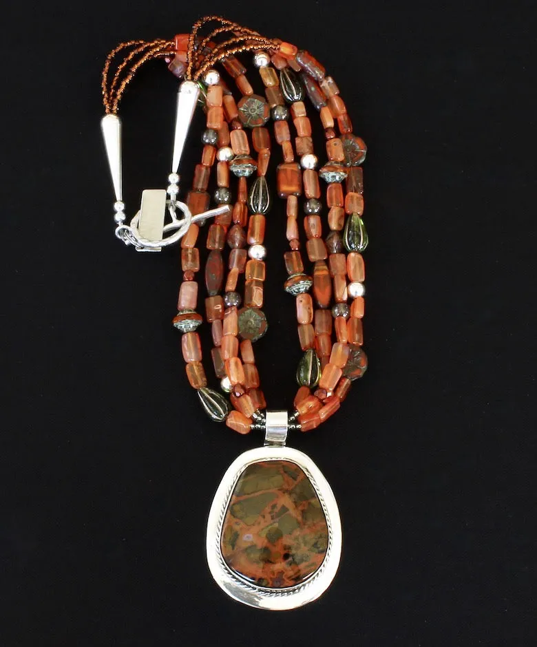 Red Creek Jasper and Sterling Silver Pendant with 4 Strands of Peach Glass Rectangles, Czech Glass and Sterling Silver