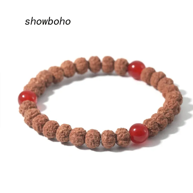 Red Onyx & Original Rudraksha Beaded Elastic Cord Bracelet Male Female Fashion Glamour Yoga Simple Bangle Jewelry