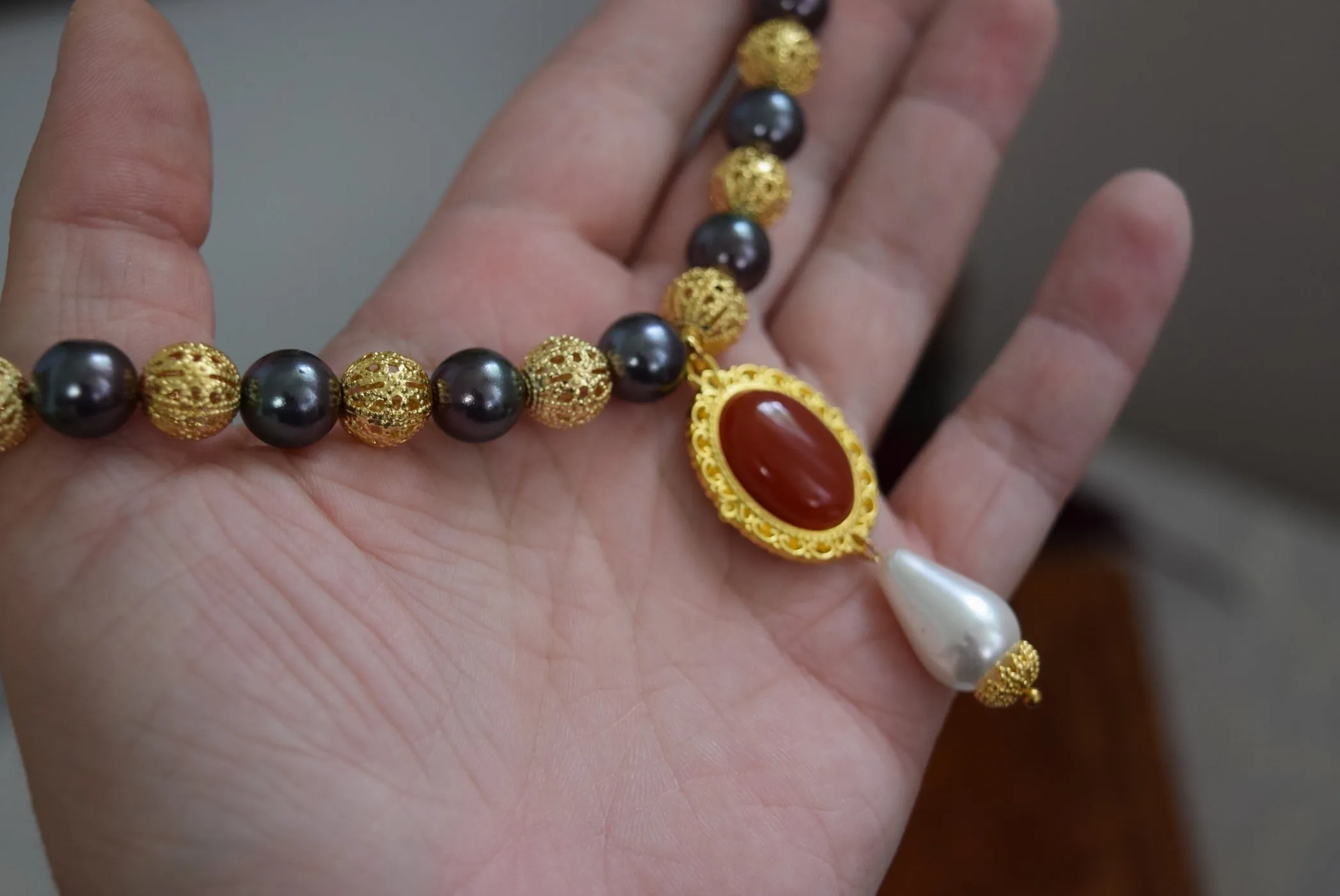 Renaissance Filigree, Black Pearl, and Carnelian Necklace