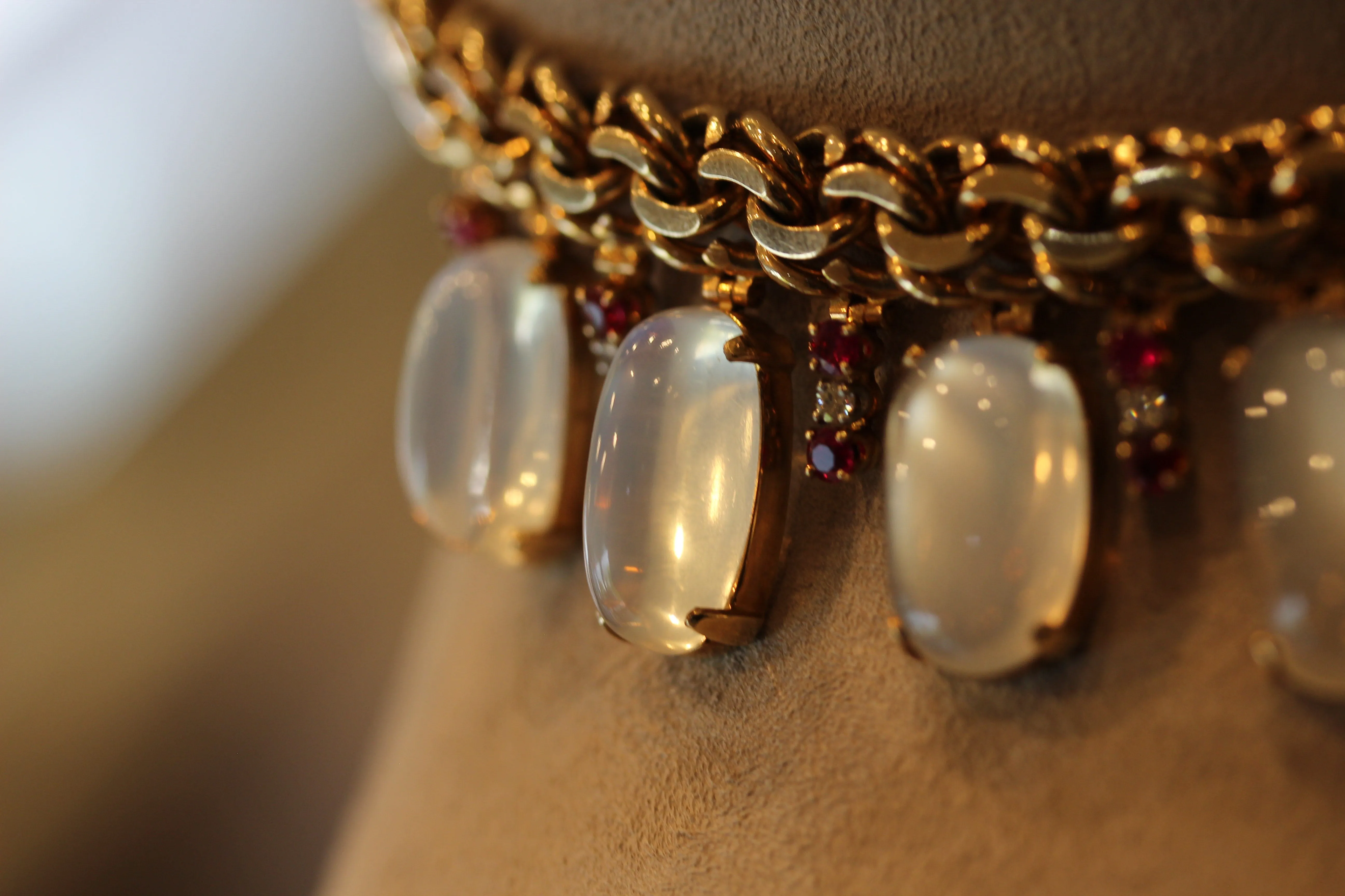 Retro Moonstone Ruby Diamond Gold Choker Necklace