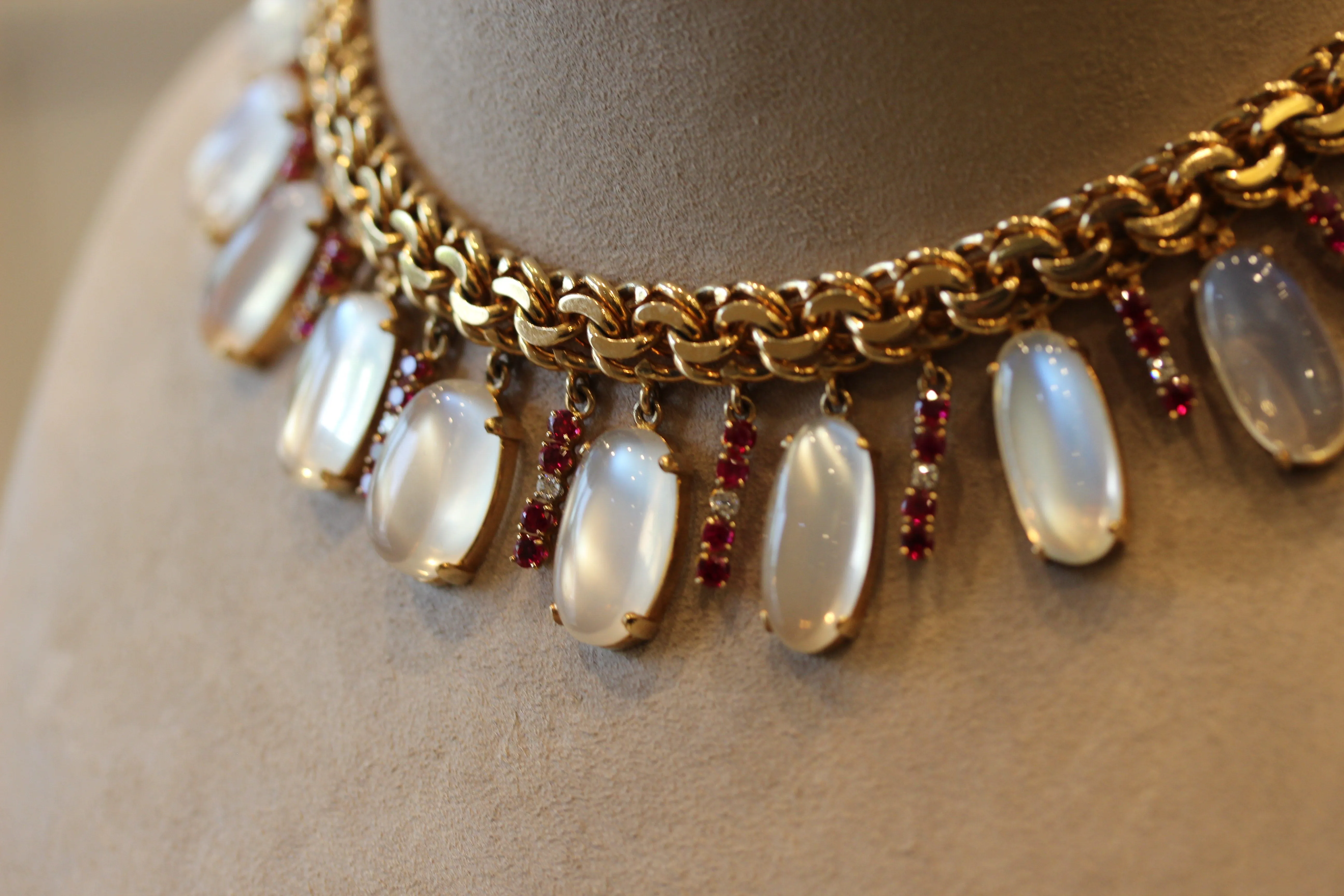 Retro Moonstone Ruby Diamond Gold Choker Necklace