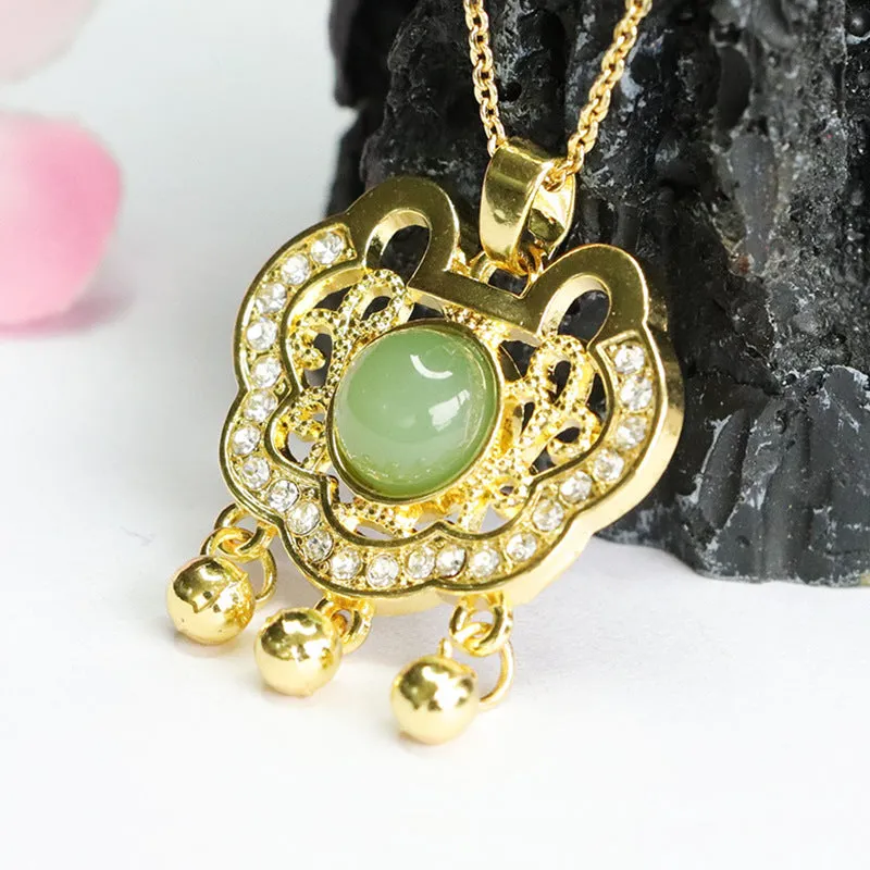 Retro Natural Hetian Jade Jasper Pendant with Ruyi Lock Charm