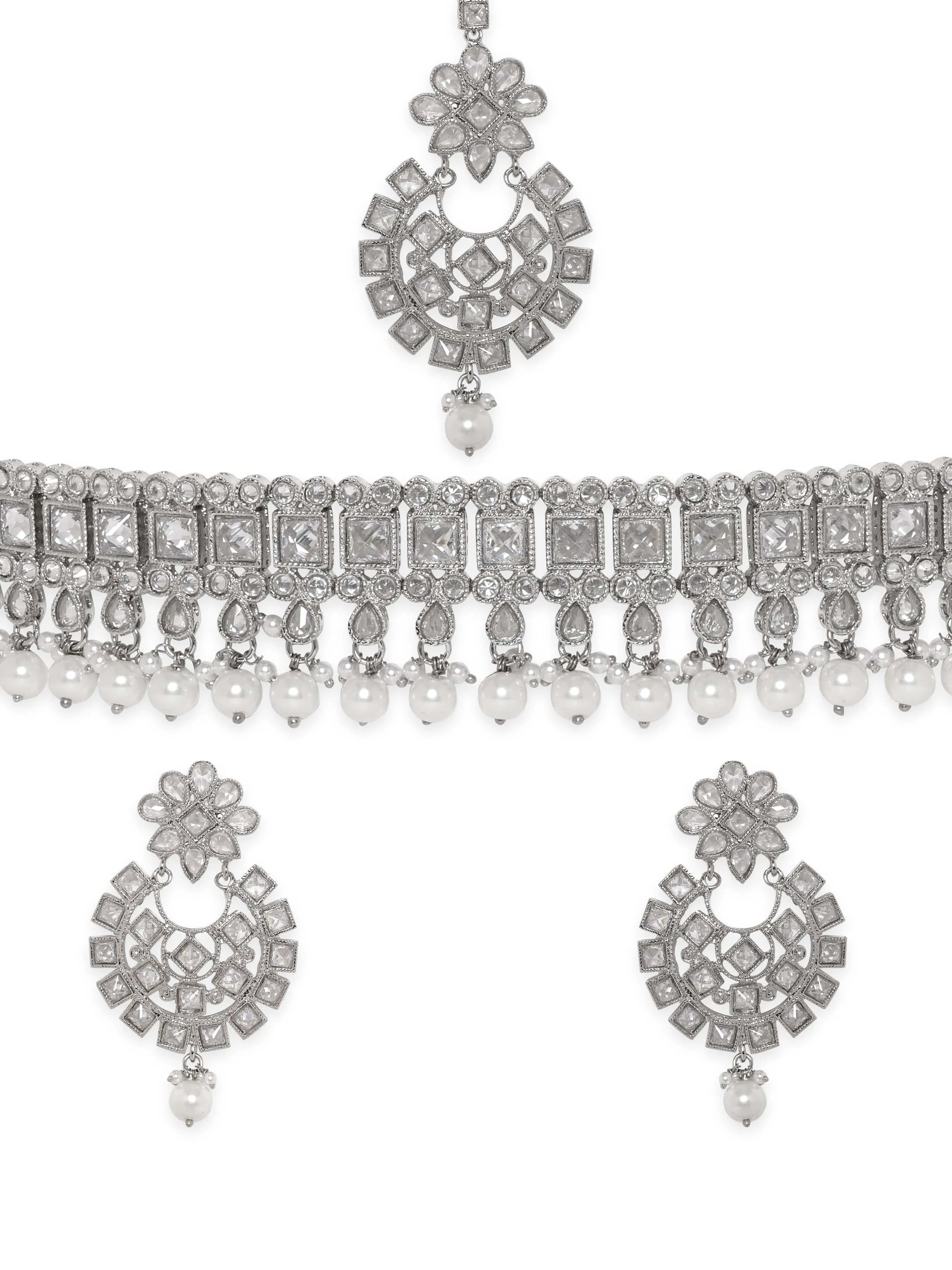 Rubans Rhodium Plated Reverse AD & Pearl beaded Choker Set