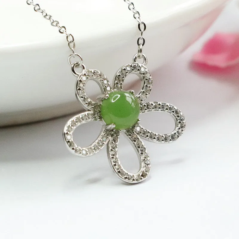 S925 Silver Natural Hotan Jade Pendant Round Jasper Flower Necklace