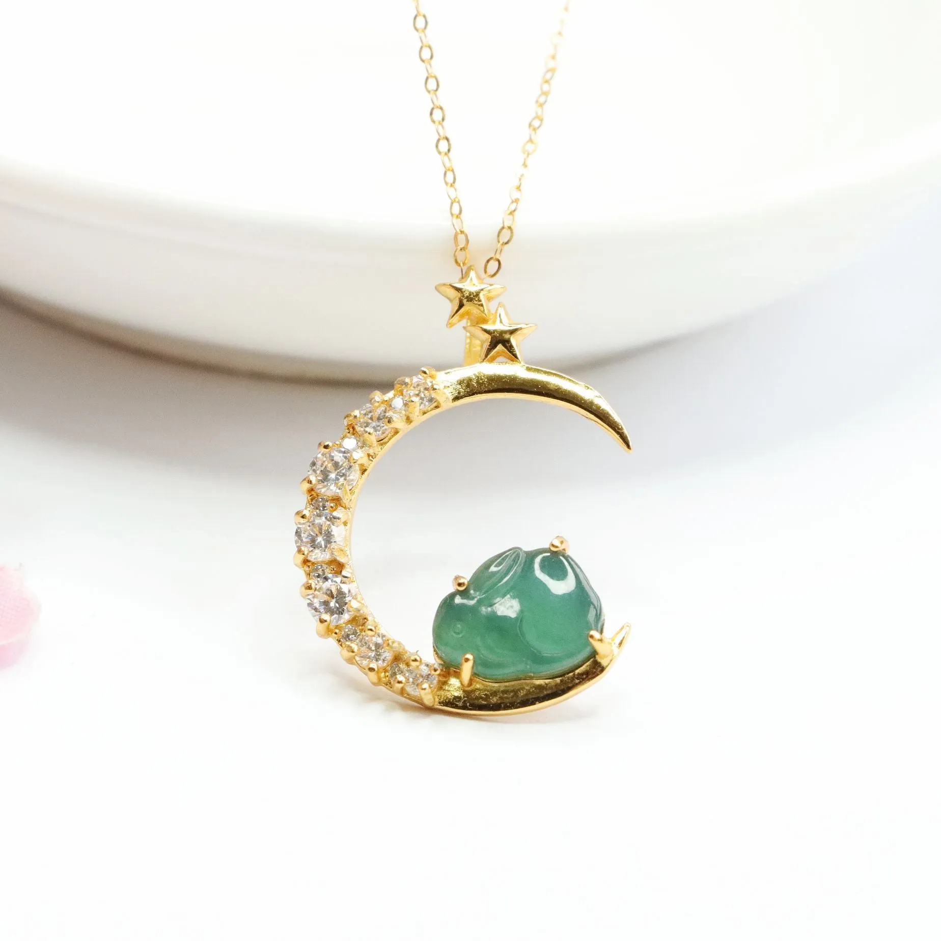 S925 Sterling Silver Necklace with Ice Blue Green Jadeite Rabbit Pendant and Zircon Moon