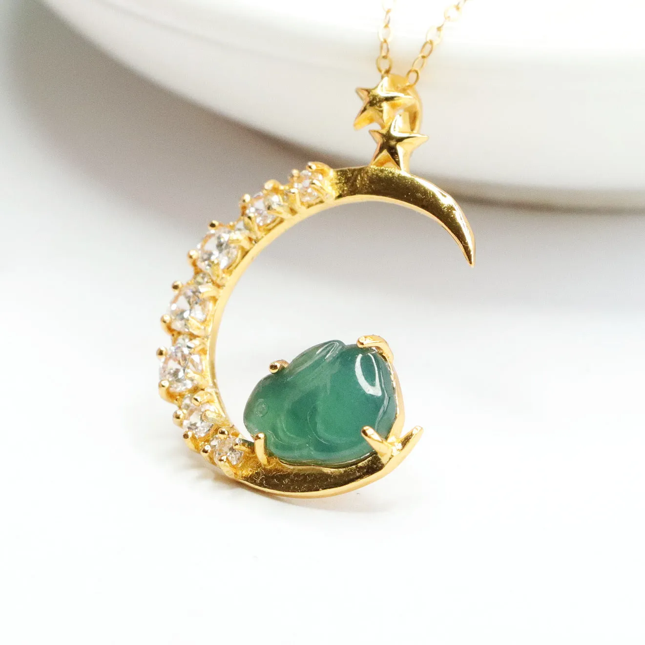 S925 Sterling Silver Necklace with Ice Blue Green Jadeite Rabbit Pendant and Zircon Moon