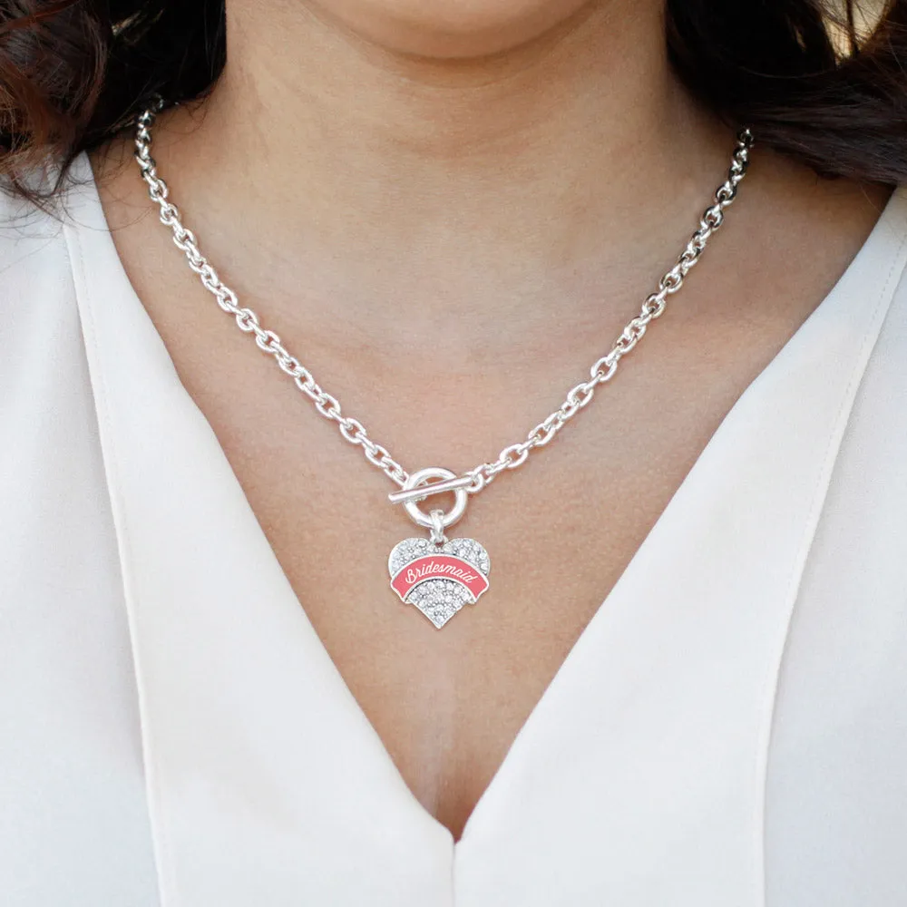 Silver Coral Bridesmaid Pave Heart Charm Toggle Necklace