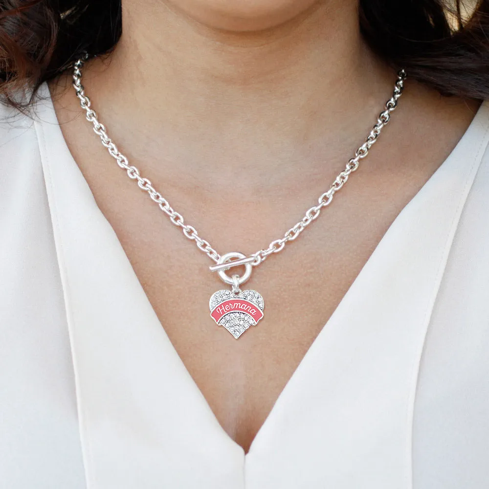 Silver Hermana - Coral Pave Heart Charm Toggle Necklace