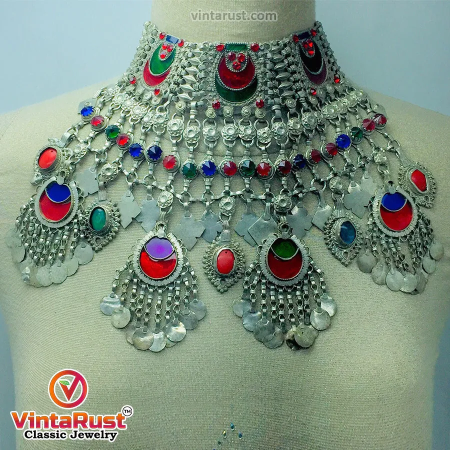 Silver Massive Choker Necklace With Multicolor Glass Stones